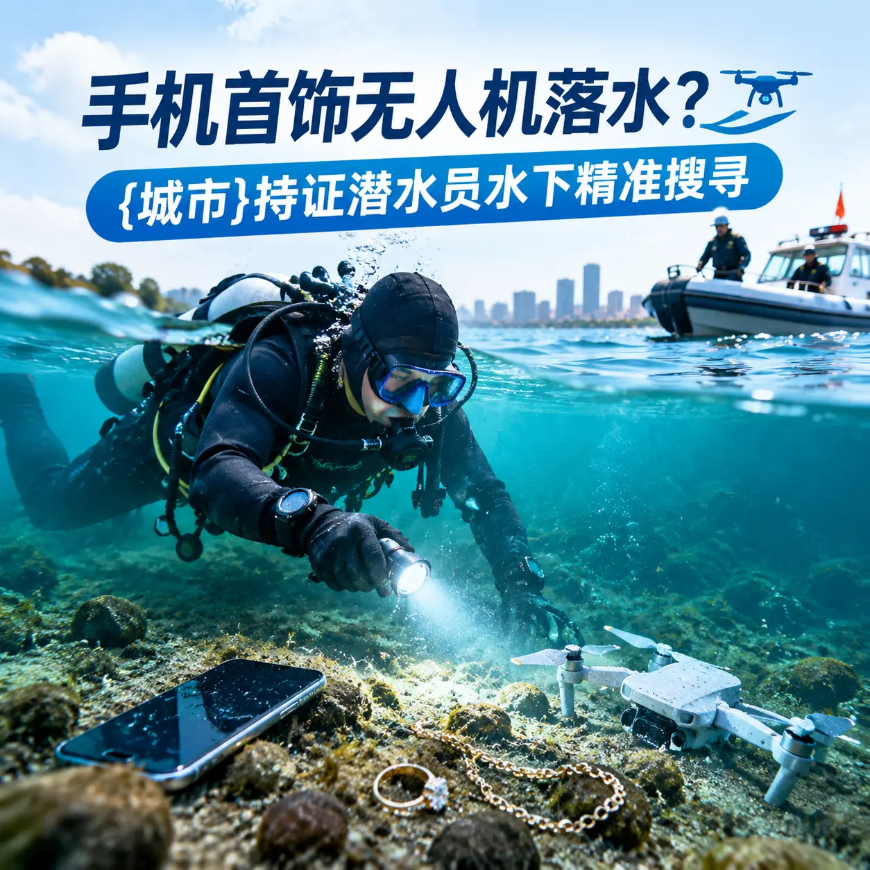手机首饰无人机落水？福田持证潜水员水下精准搜寻